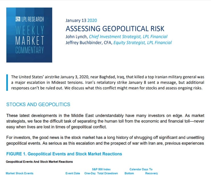 Assessing Geopolitical Risk | Weekly Market Commentary | January 13, 2020