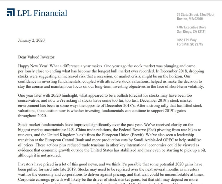 Client Letter | 2020 Gains on 2019 | January 2020